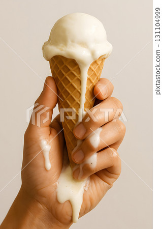 Vanilla ice cream cone melting fast in human hand 131104999