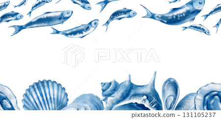 Marine seashells,sardine fishes in seamless border:twisted spiky seashell,oyster,mussel,ribbed cemicircular seashell, blue monochrome.Minimalism hand-drawn watecolor illustration isolated on white 131105237