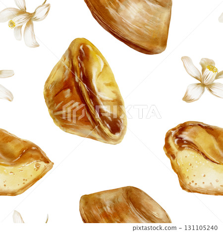 Pastel de nata-traditional Portuguese dessert with lemon tree flowers in seamless pattern.Hand-drawn food watercolor illustration.For bakery branding,travel blogs about Portugal 131105240