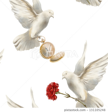 White pigeon soaring in air with red carnation,dove spread its wings as a symbol of the revolution's peaceful nature.Hand drawn watercolor illustration isolated on white for wedding or social designs 131105248