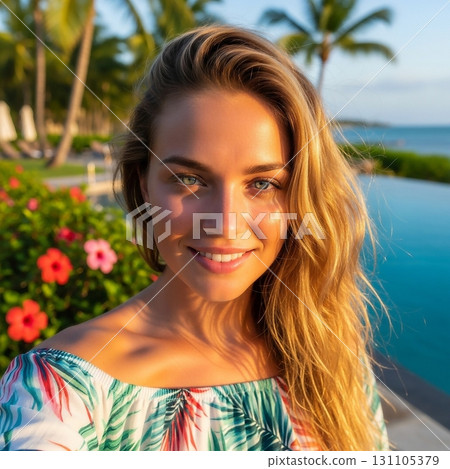 Selfie of a South American woman at a tropical resort 131105379