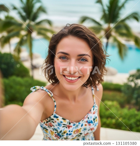 Selfie of a South American woman at a tropical resort Selfie of a South American woman at a tropical resort 131105380