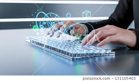 Developer hands typing on futuristic keyboard with glowing abstract holographic shapes, concept of creative coding, digital art design and innovative technology Developer hands typing on futuristic keyboard with glowing abstract holographic shapes, concept of creative coding, digital art design and innovative technology 131105403