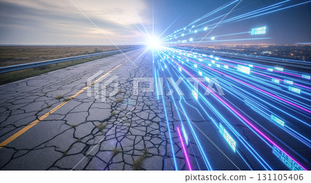 Digital transformation concept with old cracked road turning into futuristic data highway, technology and progress idea for business innovation and development Digital transformation concept with old cracked road turning into futuristic data highway, technology and progress idea for business innovation and development 131105406
