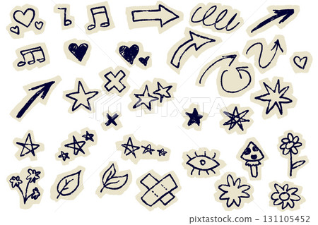 Scrapbook Hand-drawn doodle set with journal style arrows, stars, and scribble icons. Whimsical ink illustrations including hearts, crowns, and symbols for creative projects and playful designs. 131105452