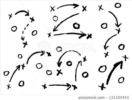 Football tactic layout, sports strategy plan with arrow paths, hand drawn team guide. Ideal for soccer practice, player coordination, and coaching tools, perfect for game print. Football tactic layout, sports strategy plan with arrow paths, hand drawn team guide. Ideal for soccer practice, player coordination, and coaching tools, perfect for game print. 131105453