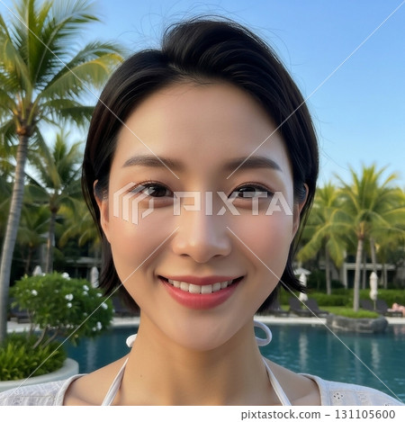 Asian woman taking a selfie at a tropical resort 131105600