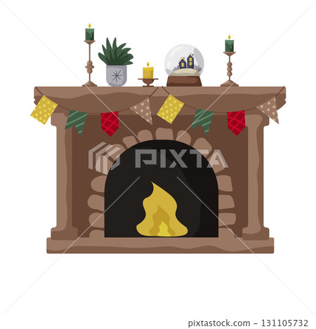 Cozy fireplace adorned with festive decorations and seasonal accents in a warm setting 131105732