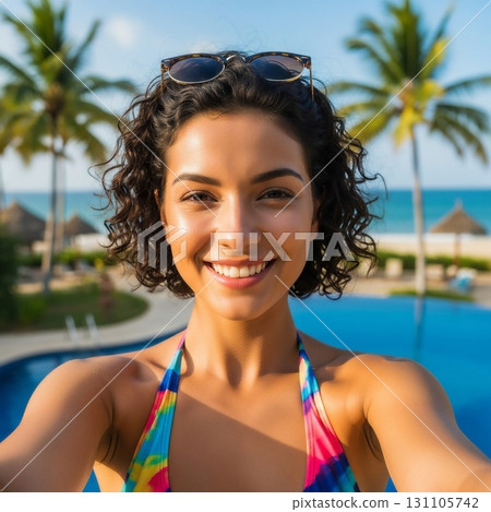一位年輕女子在熱帶度假村的自拍照 131105742