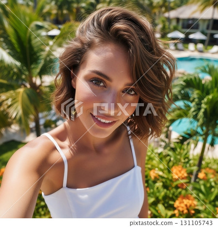 Selfie of a young woman at a tropical resort 131105743