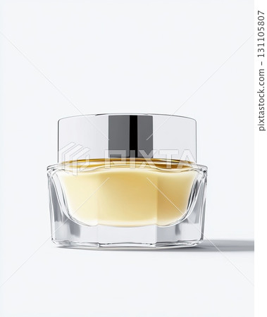 Isolated image of a cosmetic cream jar and bottle, sleek glass containers with smooth cream texture, beauty and skincare theme, elegant and minimalistic design, white background 131105807