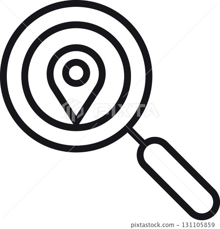 location, map, address icon. Magnifying glass with a location pin symbol inside. in thin line style location, map, address icon. Magnifying glass with a location pin symbol inside. in thin line style 131105859