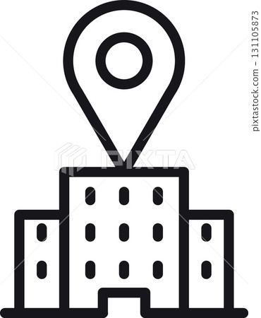 location, map, address icon. Building with location pin icon indicating a specific place. in thin line style 131105873