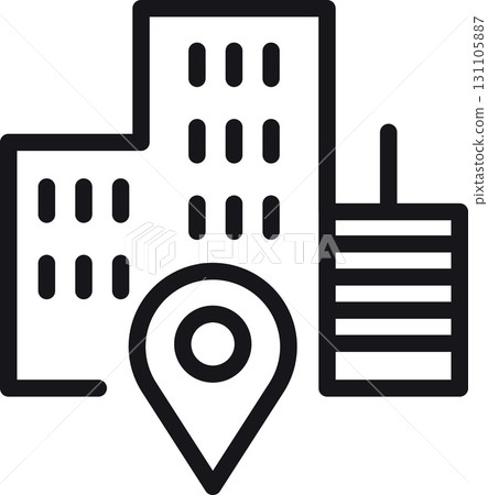 location, map, address icon. City skyline with a map pin indicating a location. in thin line style 131105887