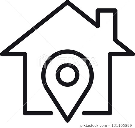 location, map, address icon. Simple house icon with a location marker inside. in thin line style 131105899