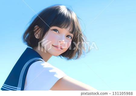 Illustration of a high school girl in uniform looking up at the sky 131105988
