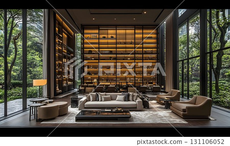 Modern luxury apartment interior design with large windows and backlit shelves 131106052