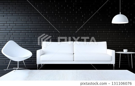 Modern minimalist living room interior white sofa and chair against black brick wall 131106076