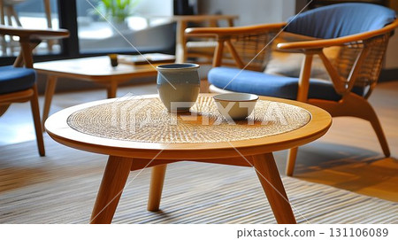 Modern wooden coffee table with woven top and blue chairs in bright room 131106089