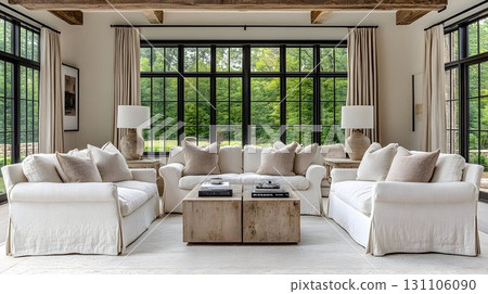 Modern living room interior design with large windows and neutral colors 131106090