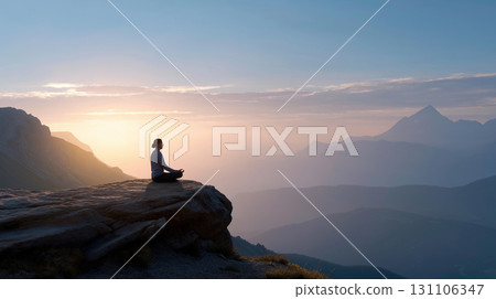 一個人在懸崖上靜靜地冥想，俯瞰群山 131106347