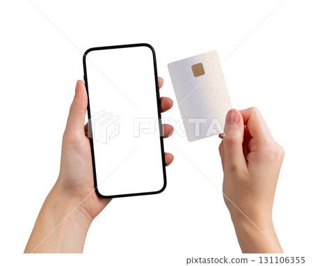 Advertising display with phone and card. User holding gadget, application screen for online finance, Advertising display with phone and card. User holding gadget, application screen for online finance, 131106355