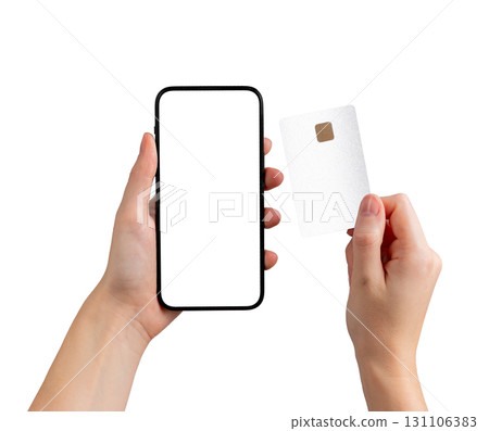 Blank screen with card. Hand holding smartphone for digital commerce, finance transfer, payment app, 131106383