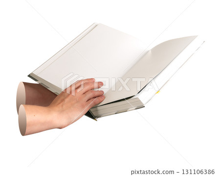 Book in hand open. Student holding textbook with clean sheet, story, fiction, grammar, literacy, Book in hand open. Student holding textbook with clean sheet, story, fiction, grammar, literacy, 131106386