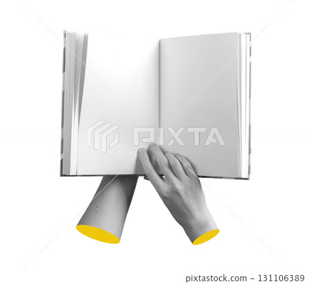 Book is held open by a hand, showing an empty spread. The pages are clear and white, ready to be 131106389