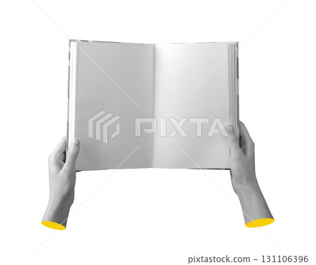 Book with blank pages held in hand. Open layout with clean empty sheet, clear surface and white Book with blank pages held in hand. Open layout with clean empty sheet, clear surface and white 131106396