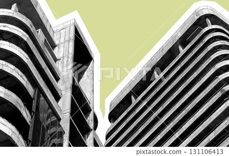 Construction of high rise tower. Unfinished brutalist condominium with concrete framework, geometric 131106413