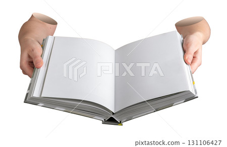 Education theme with hand holding book. The opened pages are white, clean, and blank, with a calm 131106427
