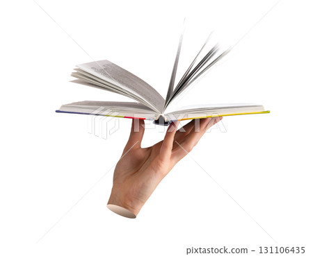 Hand holding wisdom, expertise and knowledge symbol, book. Isolated on white. Hand holding wisdom, expertise and knowledge symbol, book. Isolated on white. 131106435