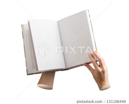 Hands holding blank pages book for study, education. Isolated on white background.. 131106440