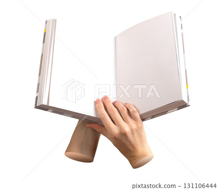 Literacy scene with open book. A hand holds the clean white pages, fully blank and textless, 131106444