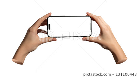 Lodz Poland May 01 2025 Cellphone held with both hands. Horizontal screen prepared for application Lodz Poland May 01 2025 Cellphone held with both hands. Horizontal screen prepared for application 131106448
