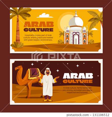 Flat Hand Drawn Authentic Arab Culture Lifestyle and Cultural Experiences Horizontal Banner Set 131106512