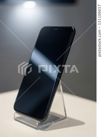 Black Smartphone on Transparent Plastic Stand Against a Gray Wall With Overhead Lighting 131106657