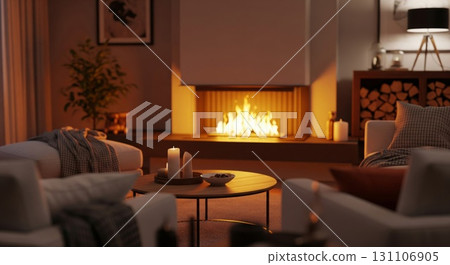 Warm Living Room with Fireplace White Sofas and Wooden Accents 131106905