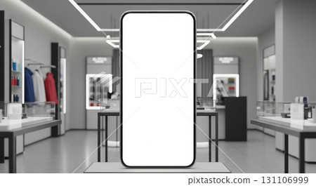Blank Smartphone Display Mockup on Platform in Modern Store Setting 131106999