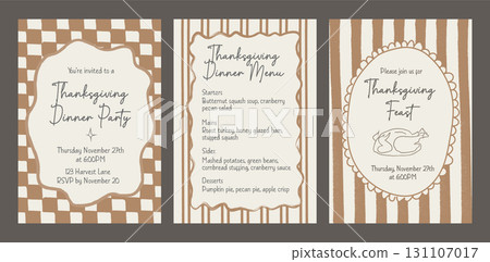 Set of Thanksgiving invitation and dinner menu templates with hand drawn doodle frames and retro checkered and striped borders. Whimsical autumn feast party cards. Vector illustration. Set of Thanksgiving invitation and dinner menu templates with hand drawn doodle frames and retro checkered and striped borders. Whimsical autumn feast party cards. Vector illustration. 131107017