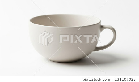 Minimalist White Ceramic Cup with Handle on Clean White Background 131107023