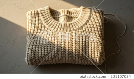 Folded Beige Knit Sweater on Concrete Surface in Sunlight Flatlay 131107024