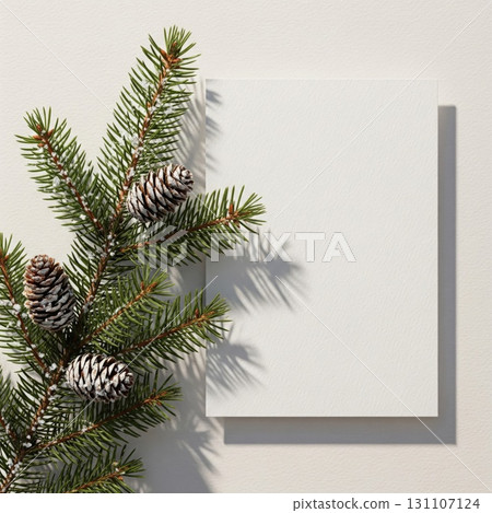 Christmas Tree Branch with Pine Cones and Blank Card on Textured Background 131107124