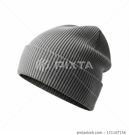 Knitted Gray Wool Beanie Hat Warm Headwear for Winter Cold Weather Apparel on White Background 131107156