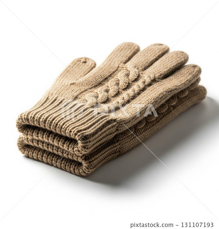 Folded Beige Knitted Gloves with Cable Knit Pattern on White Background 131107193
