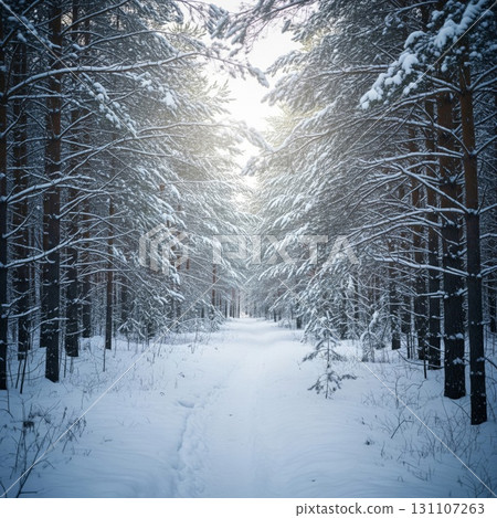 Winter Forest Pathway Under Snow Covered Pine Trees on Sunny Day Landscape 131107263
