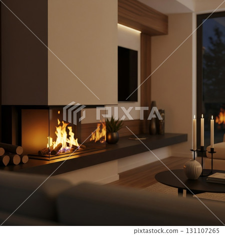 Contemporary Living Room with Modern Fireplace and Soft Ambient Lighting 131107265