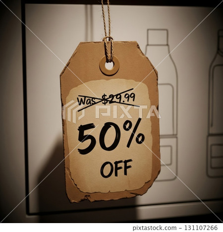 Beige Fifty Percent Off Tag Against White Cabinet Background 131107266