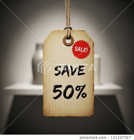 Vintage Sale Tag Display With Fifty Percent Discount Offer on Shelf 131107267